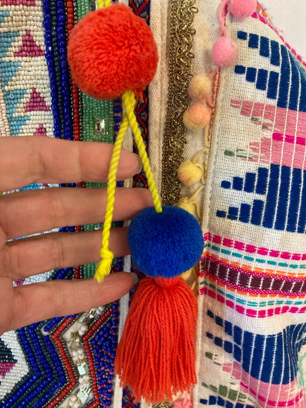America & Beyond Boho Embroidered & Beaded  Tote Bag with Pom Pom Tassels - Picture 7 of 17